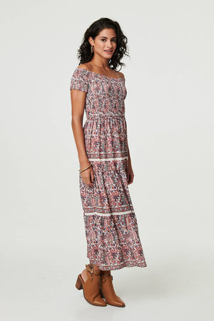 Pink | Ditsy Floral Bardot Smocked Midi Dress
