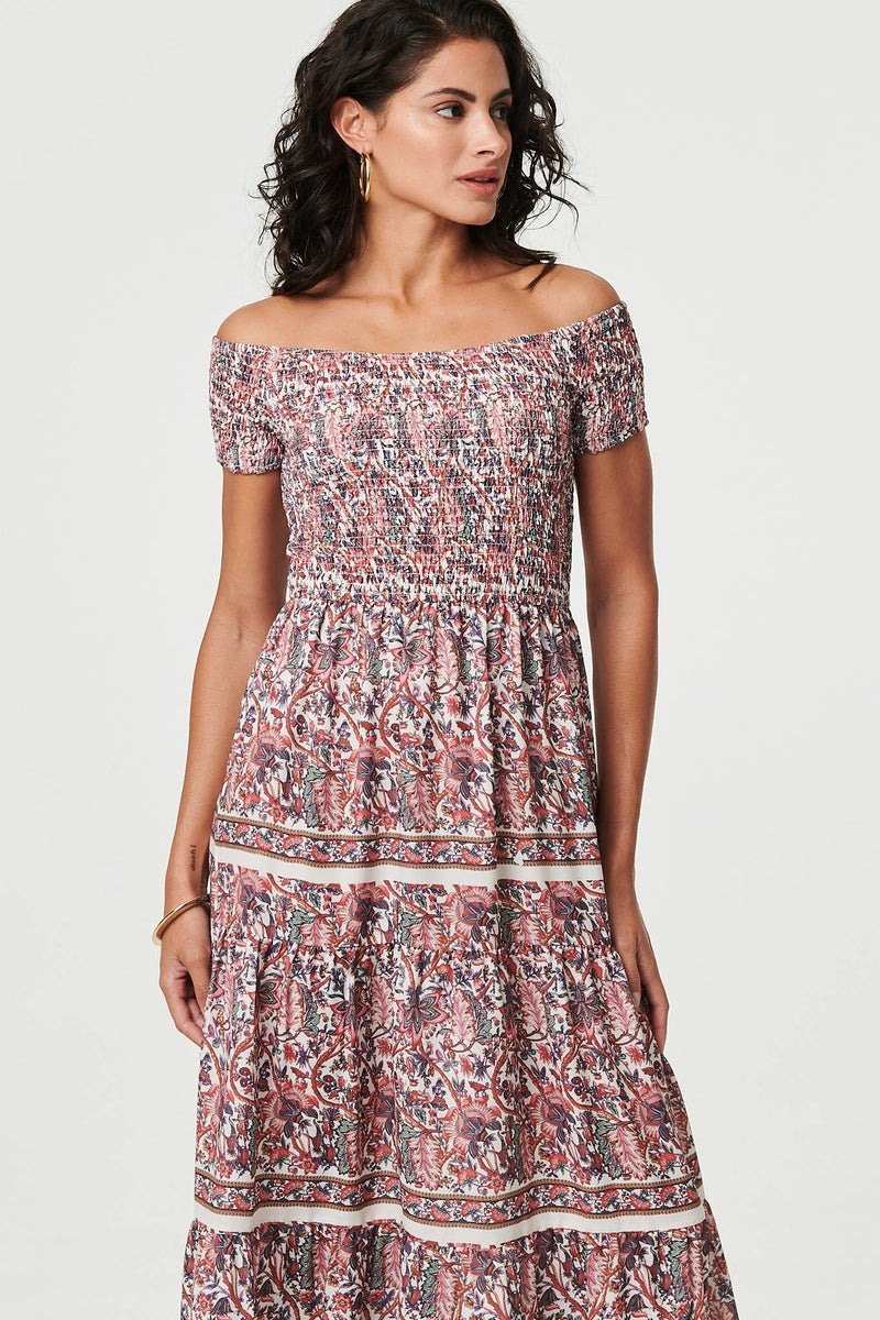 bardot ditsy ruched midi dress Roman Bardot Ditsy Floral Midi Dress - Black