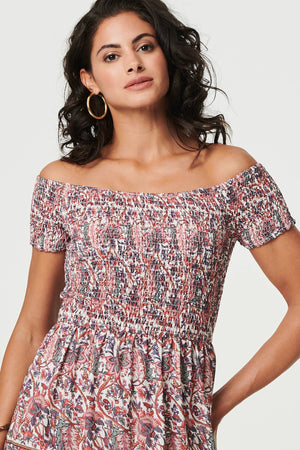 Pink | Ditsy Floral Bardot Smocked Midi Dress
