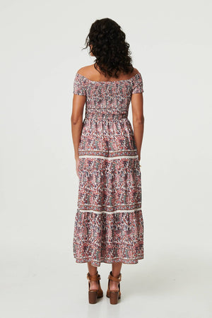 Pink | Ditsy Floral Bardot Smocked Midi Dress
