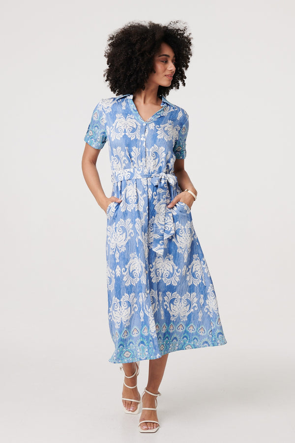 Blue | Ikat Print Tie Waist Midi Shirt Dress
