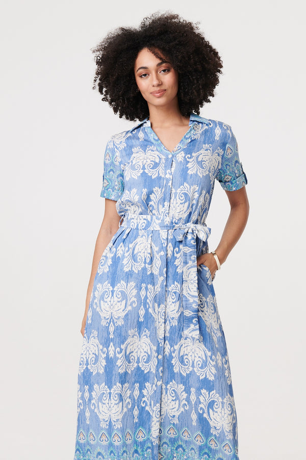Blue | Ikat Print Tie Waist Midi Shirt Dress
