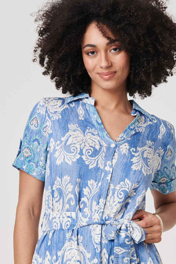 Blue | Ikat Print Tie Waist Midi Shirt Dress
