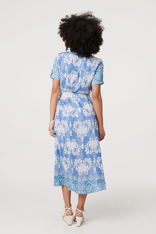 Blue | Ikat Print Tie Waist Midi Shirt Dress
