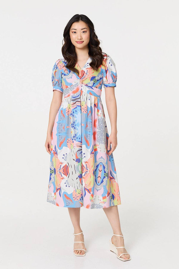 Blue | Abstract Ruched Front Empire Midi Dress : Model is 5'9"/175 cm and wears UK8/EU36/US4/AUS8