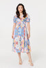 Blue | Abstract Ruched Front Empire Midi Dress : Model is 5'9