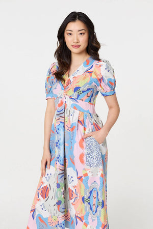 Blue | Abstract Ruched Front Empire Midi Dress
