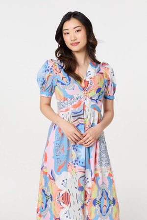 Blue | Abstract Ruched Front Empire Midi Dress

