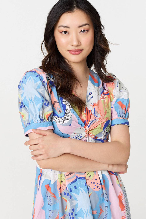 Blue | Abstract Ruched Front Empire Midi Dress
