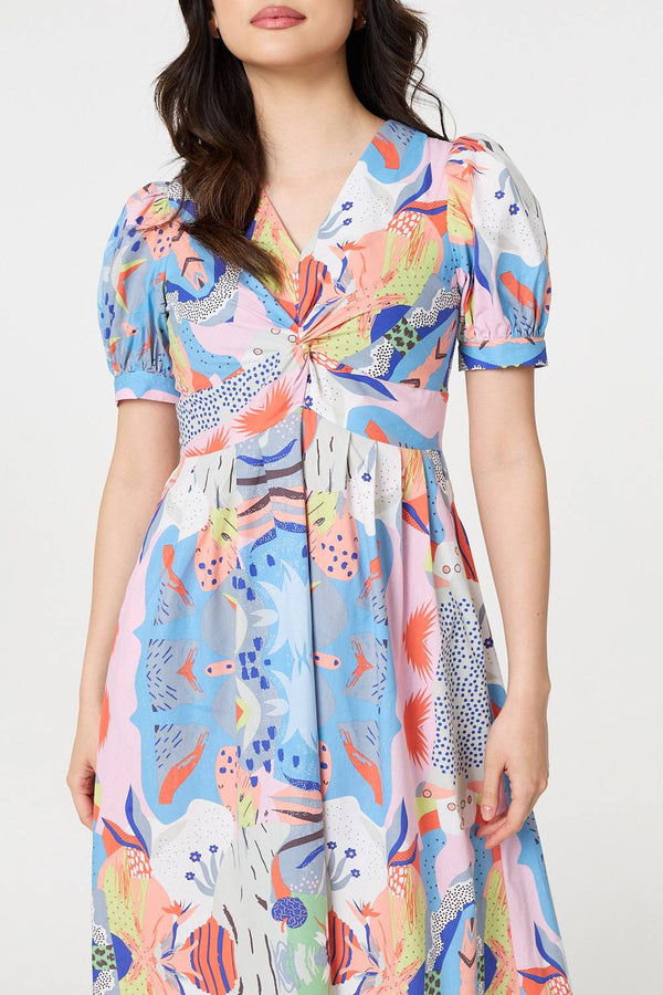 Blue | Abstract Ruched Front Empire Midi Dress
