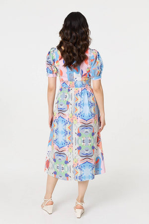 Blue | Abstract Ruched Front Empire Midi Dress
