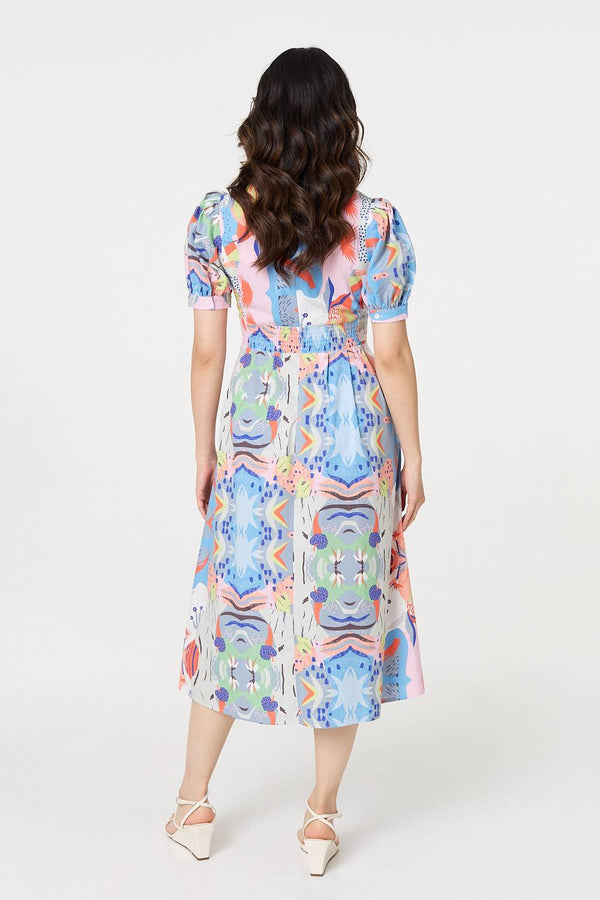 Blue | Abstract Ruched Front Empire Midi Dress
