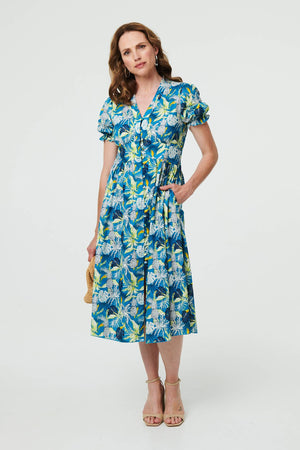Blue | Leaf Print Short Sleeve Shirt Midi Dress
