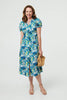 Blue | Leaf Print Short Sleeve Shirt Midi Dress
