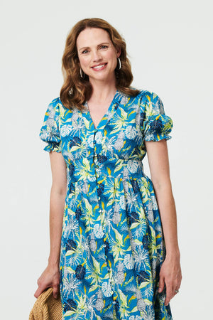Blue | Leaf Print Short Sleeve Shirt Midi Dress
