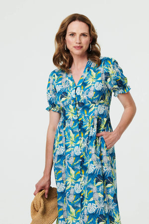 Blue | Leaf Print Short Sleeve Shirt Midi Dress
