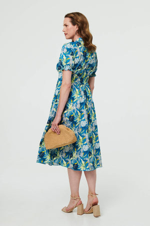 Blue | Leaf Print Short Sleeve Shirt Midi Dress
