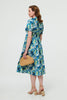 Blue | Leaf Print Short Sleeve Shirt Midi Dress
