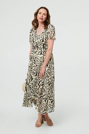 White | Printed Ruched Front V-Neck Midi Dress
