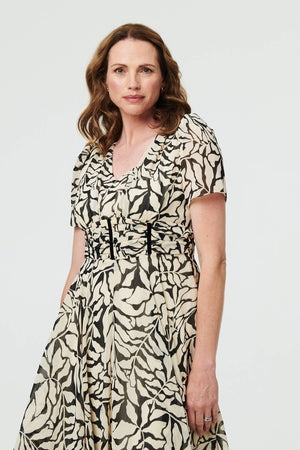 White | Printed Ruched Front V-Neck Midi Dress
