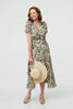 White | Printed Ruched Front V-Neck Midi Dress
