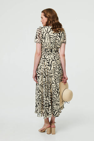 White | Printed Ruched Front V-Neck Midi Dress
