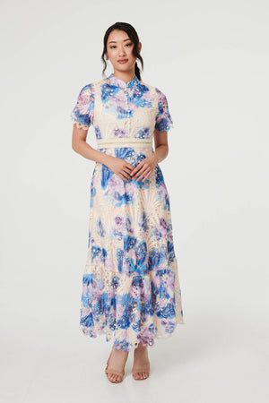 Blue | Floral Lace Trim High Neck Maxi Dress

