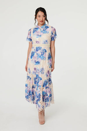 Blue | Floral Lace Trim High Neck Maxi Dress
