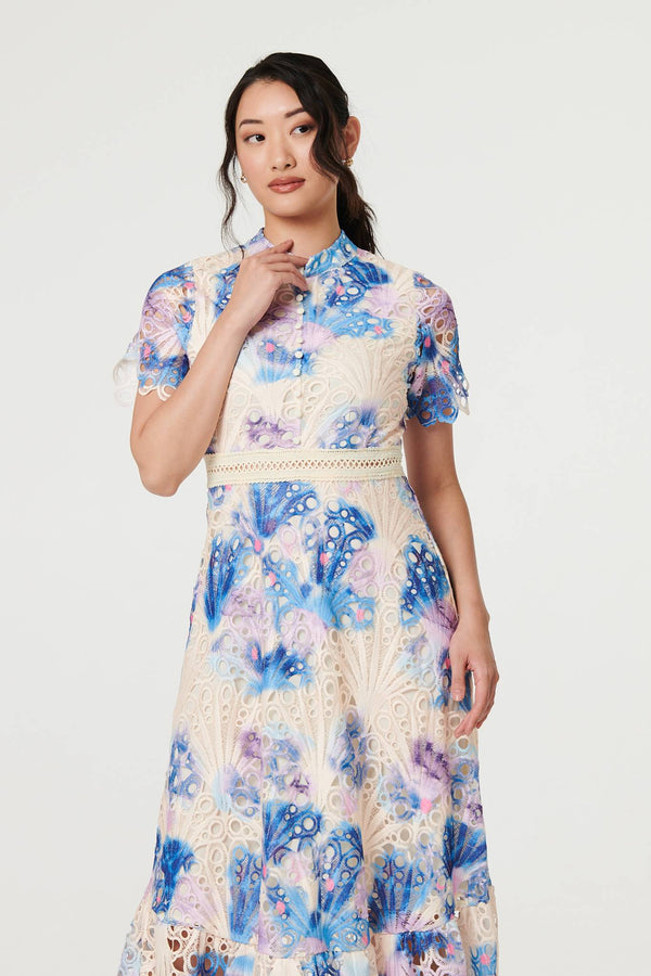 Blue | Floral Lace Trim High Neck Maxi Dress
