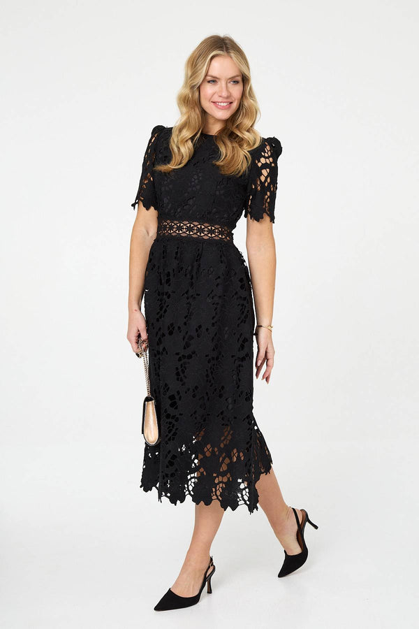 Black | Semi Sheer Lace Layer Midi Dress