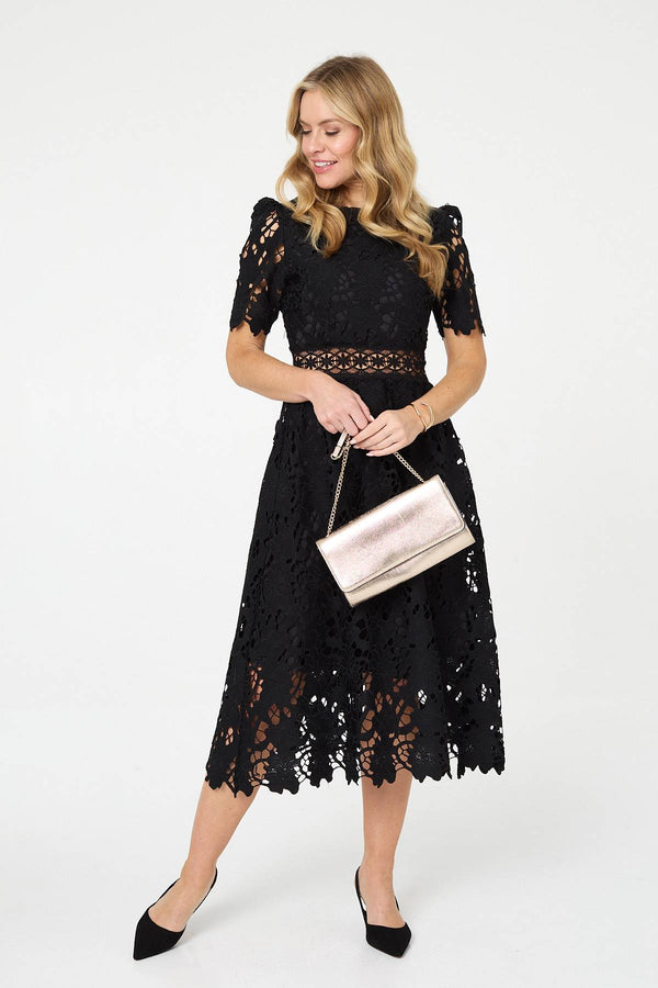 Black | Semi Sheer Lace Layer Midi Dress