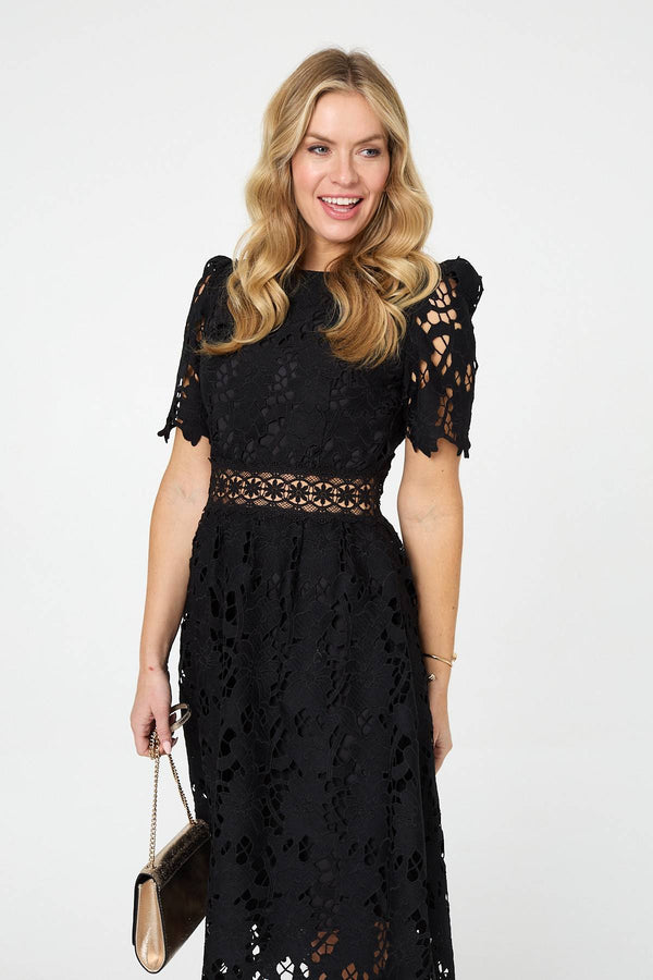 Black | Semi Sheer Lace Layer Midi Dress