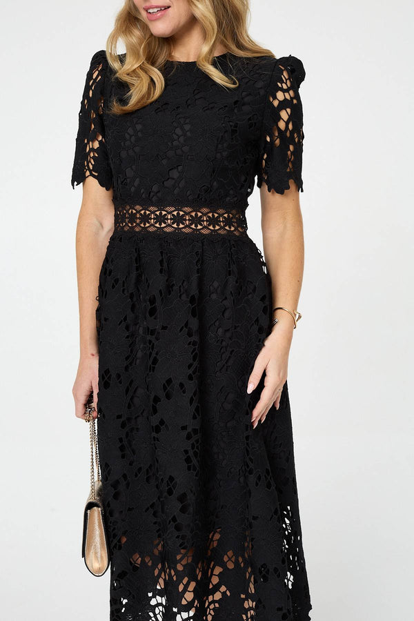 Black | Semi Sheer Lace Layer Midi Dress