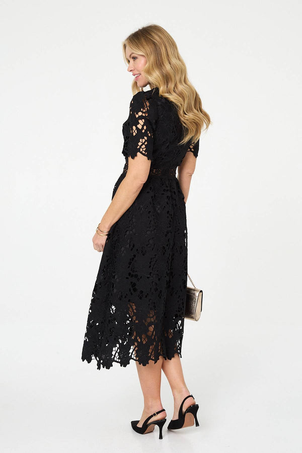 Black | Semi Sheer Lace Layer Midi Dress