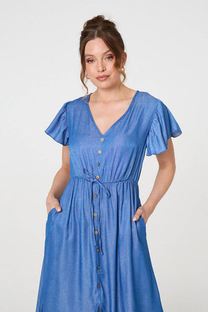 Blue | Short Sleeve Drawstring Waist Midi Dress
