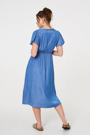 Blue | Short Sleeve Drawstring Waist Midi Dress
