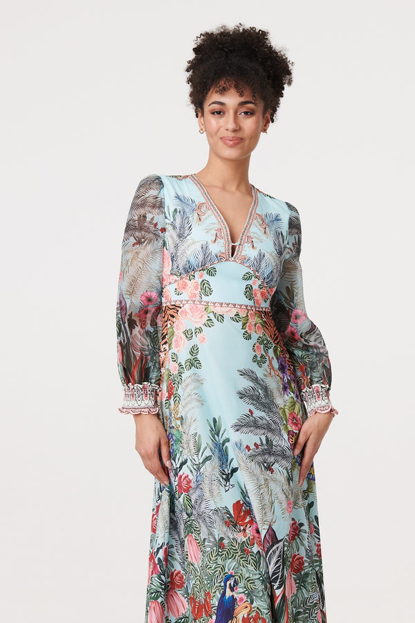 Green | Tropical Print Empire Waist Midi Dress
