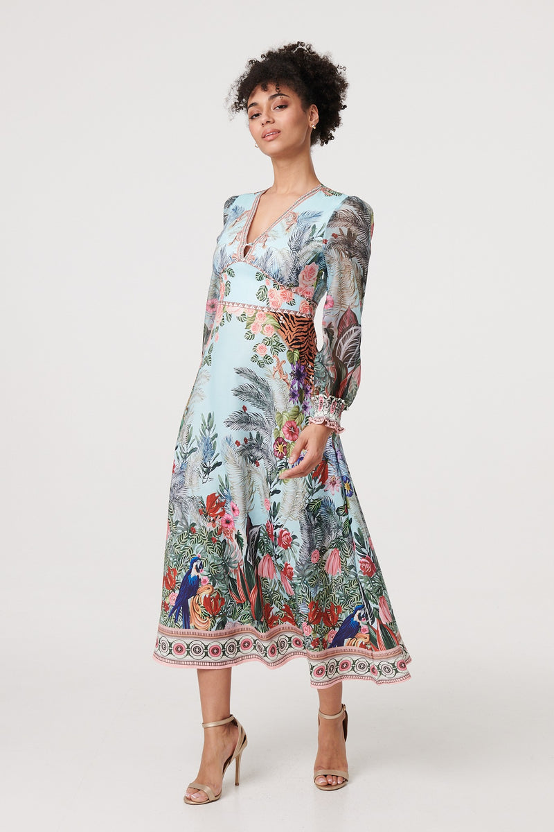 Tropical Print Empire Waist Midi Dress | Izabel London Tropical Print Empire Waist Midi Dress | Izabel London