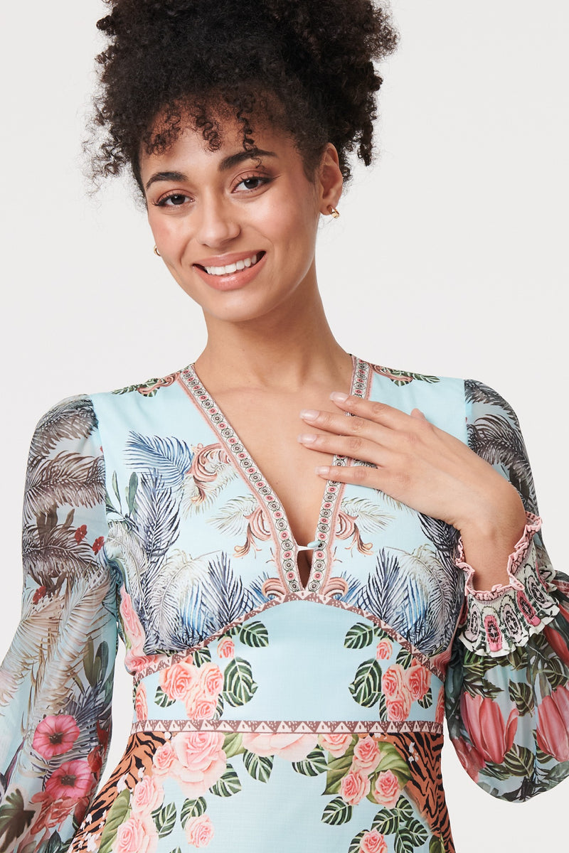 Tropical Print Empire Waist Midi Dress | Izabel London Tropical Print Empire Waist Midi Dress | Izabel London