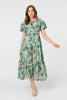 Green | Tropical Print Frill Tiered Midi Dress