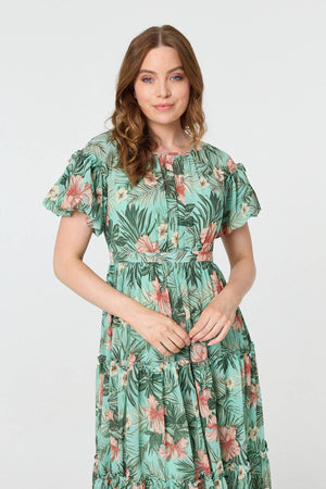 Green | Tropical Print Frill Tiered Midi Dress