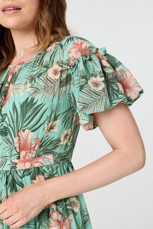 Green | Tropical Print Frill Tiered Midi Dress
