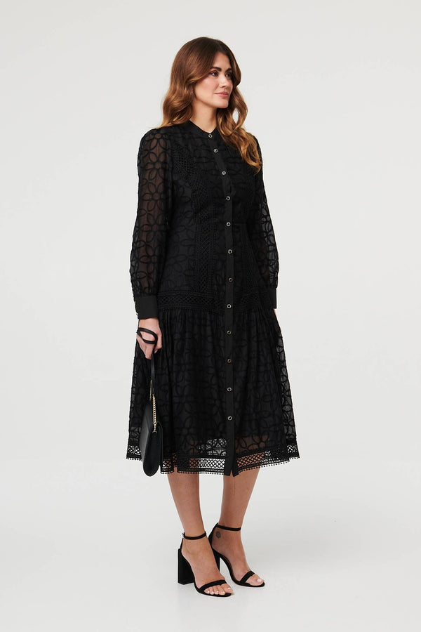 Black | Printed Long Sleeve Smocked Maxi Dress