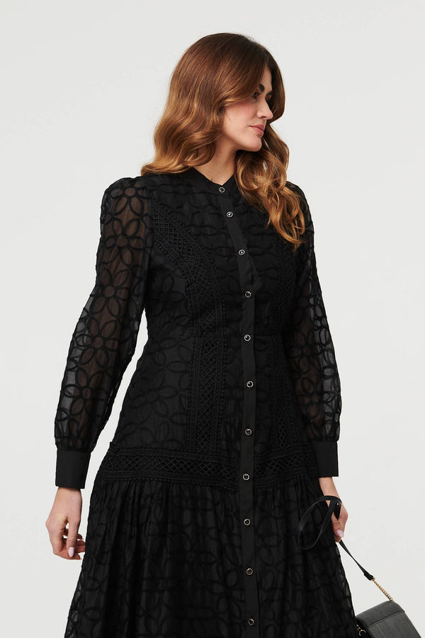 Black | Printed Long Sleeve Smocked Maxi Dress