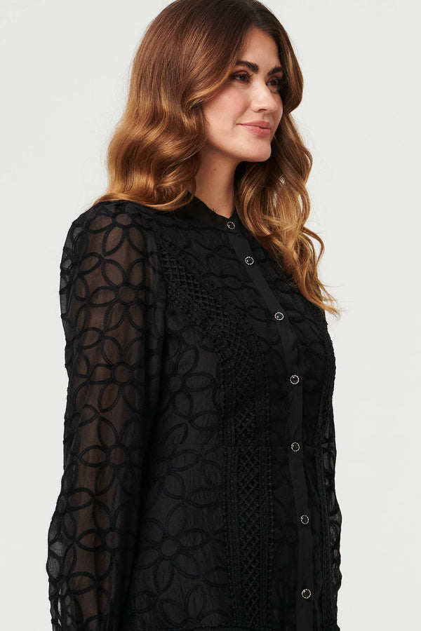 Black | Printed Long Sleeve Smocked Maxi Dress