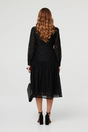Black | Printed Long Sleeve Smocked Maxi Dress