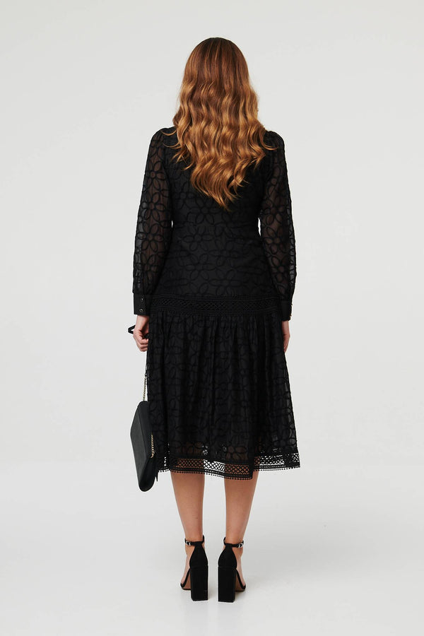 Black | Printed Long Sleeve Smocked Maxi Dress