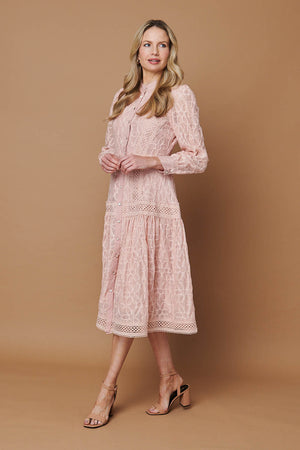 Pink | Embroidered Lace Long Sleeve Midi Dress