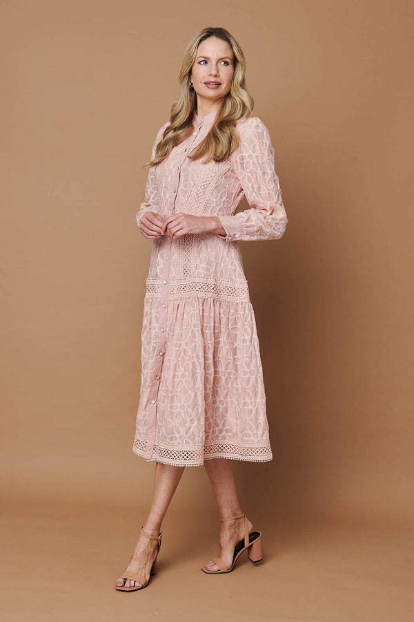 Pink | Embroidered Lace Long Sleeve Midi Dress