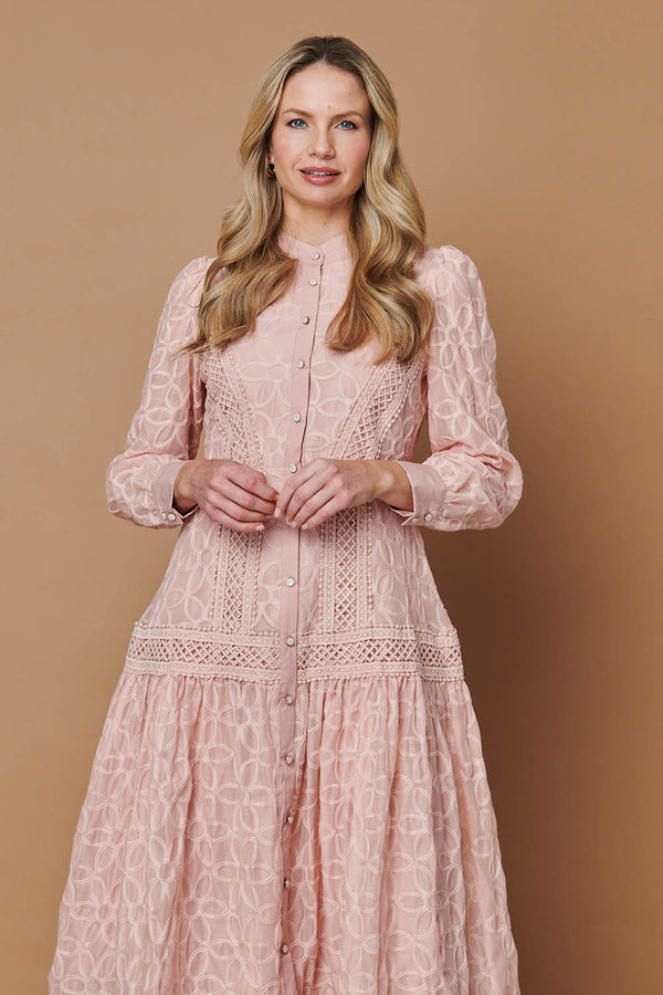 Pink | Embroidered Lace Long Sleeve Midi Dress